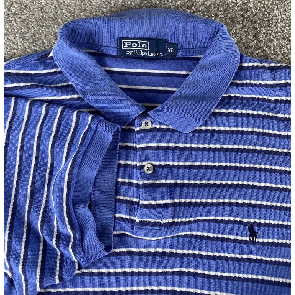 Polo Ralph Lauren Blue Striped Polo Shirt Soft Cotton Flesh Pony Mens XL Read